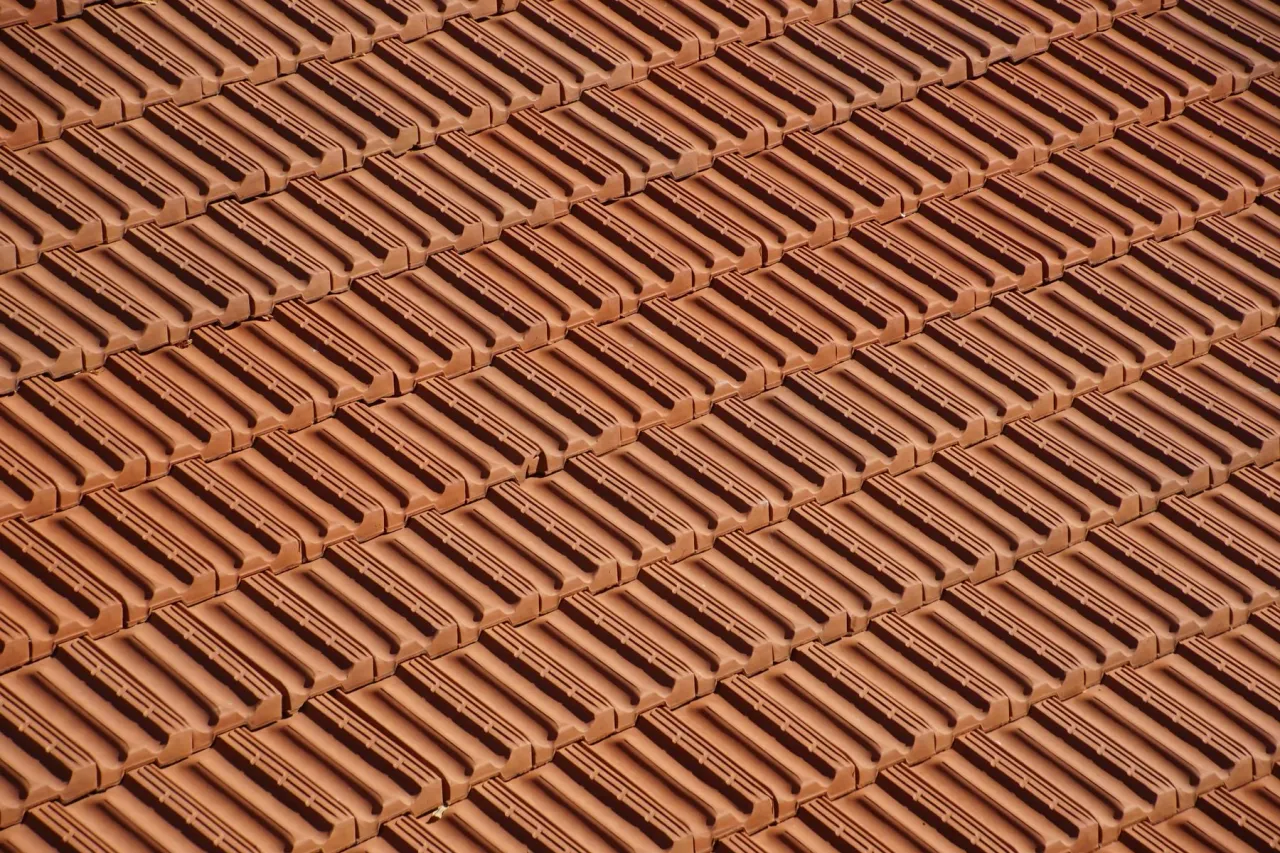 Close view of overlapping weathered roof tiles
