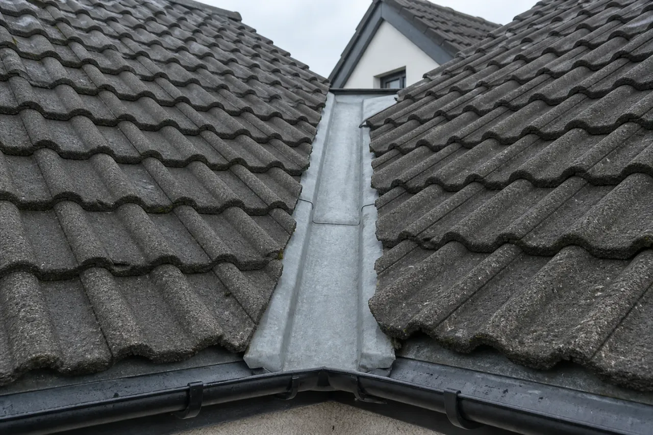 Illustration of an open metal valley between two tiled roof slopes
